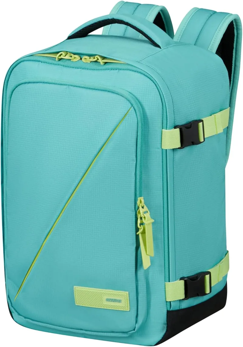 American Tourister ▫️ Take2Cabin - Ryanair Mala de Cabine 25 x 20 x 40 cm, 24 l, 0,50 kg, Bagagem de Mão, Mochila de Avião S para Colocar Debaixo do Assento, Turquesa/Verde (Dusty Turquoise/Lime)