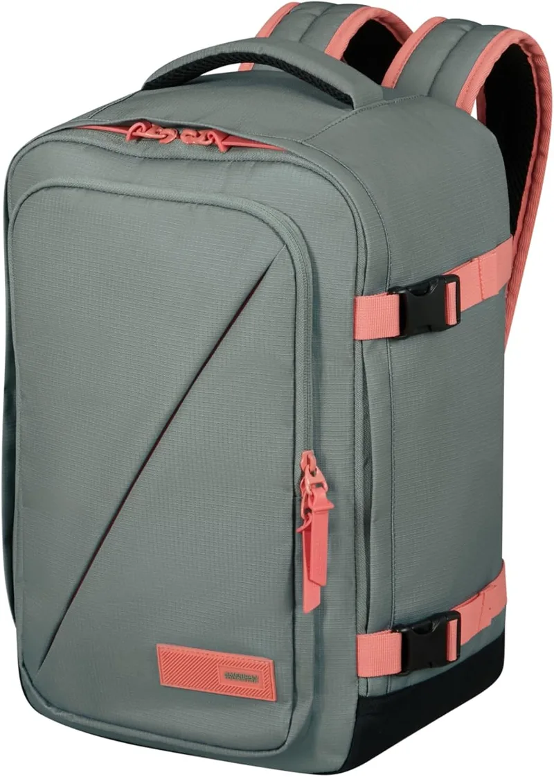 American Tourister ▫️ Take2Cabin - Ryanair Mala de Cabine 25 x 20 x 40 cm, 24 l, 0,50 kg, Bagagem de Mão, Mochila de Avião Tamanho S para Colocar Debaixo do Assento, Grau/Rosa (Sage/Coral)