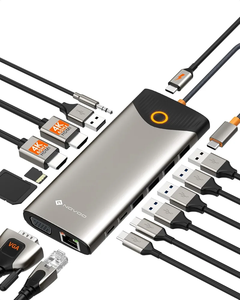 NOVOO ▫️ Estação de Acoplamento USB-C, Hub USB-C 15 em 1 com Adaptador HDMI Duplo 4K a60 Hz, portas USB-C/A, 100 W PD, RJ45, SD/TF e áudio, hub multiportas para MacBook/iPad/iPhone/DELL/HP/Lenovo
