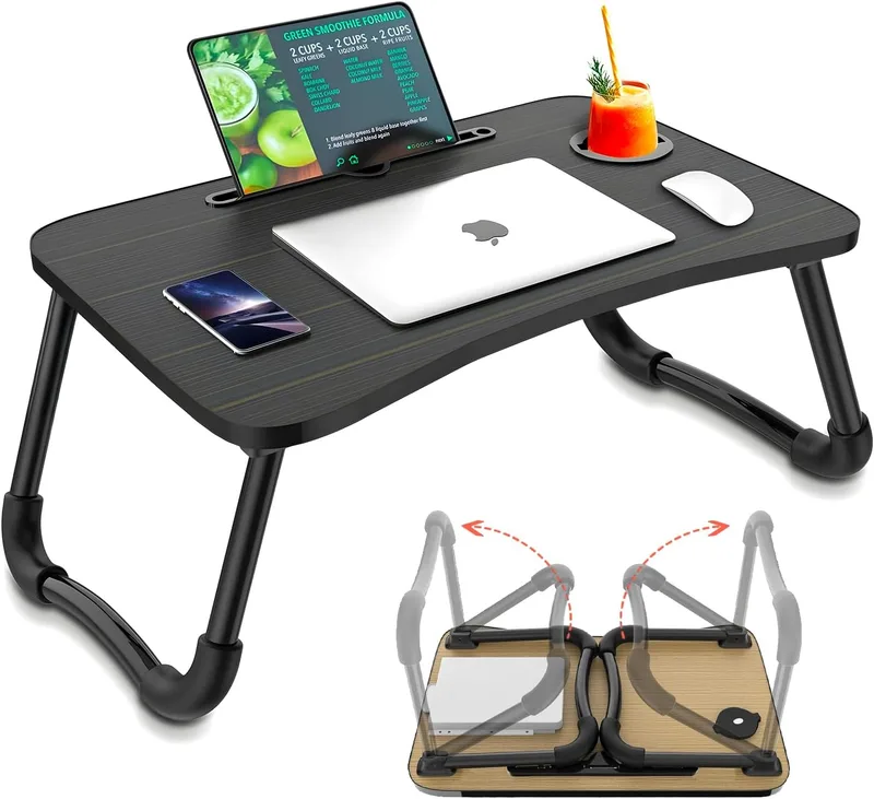 Avilia ▫️ Mesa dobrável com suporte de vidro e suporte para tablet, 60 x 40 cm, preto, economiza espaço, fácil de transportar, ideal para sala de estar, quarto, áreas de relaxamento e de trabalho inteligentes