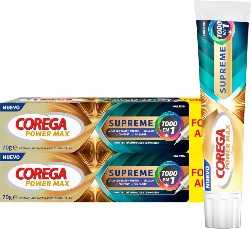 Corega ▫️ Supreme Tudo em 1, Creme Fixador para Próteses Dentárias, Sem Sabor, Embalagem com 2 x 70 g
