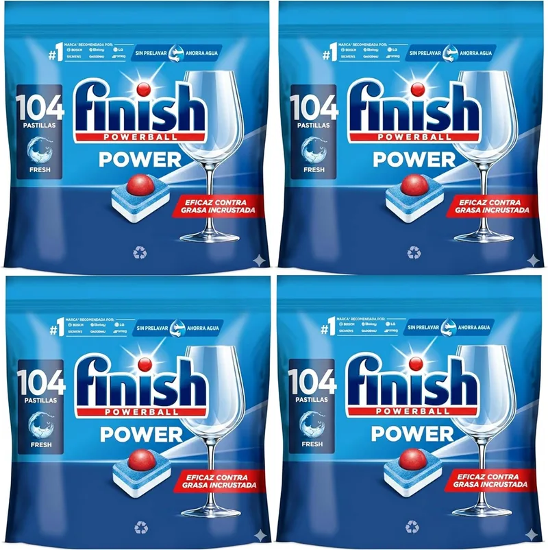 Finish ▫️ Powerball Power Tudo em 1 para a máquina de lavar louça em embalagens de 1 a 4 comprimidos, poupando 104 comprimidos - 416 comprimidos