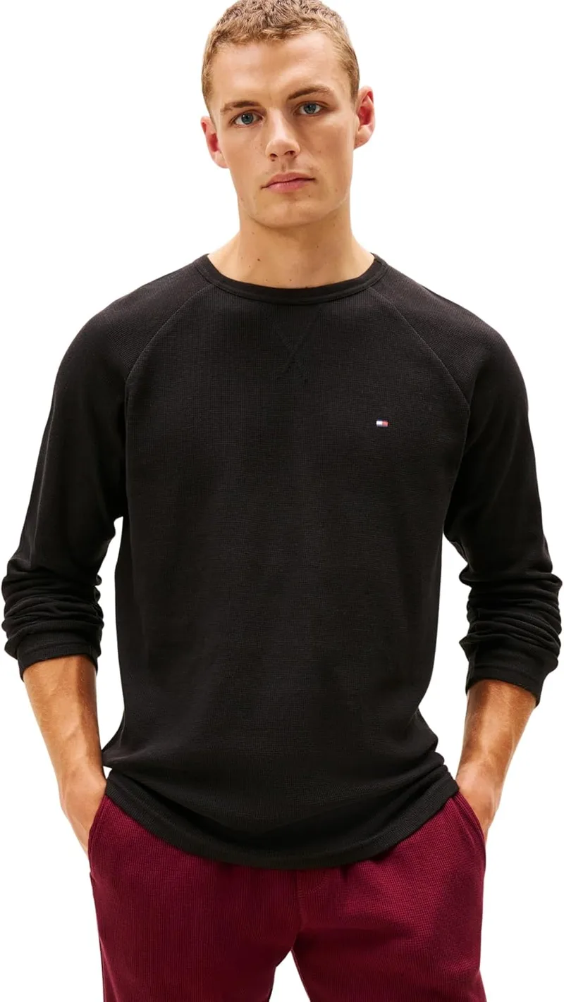 Tommy Hilfiger ▫️ Camisola de manga comprida para homem, com padrão waffle e gola redonda