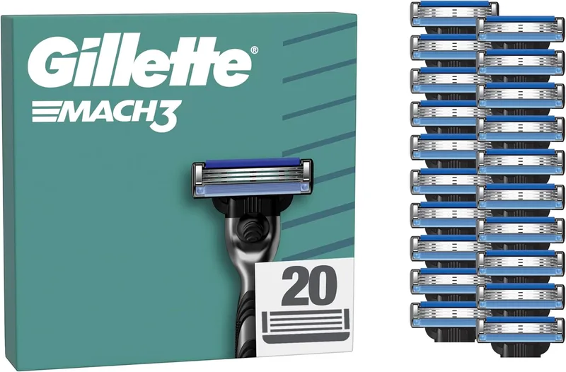 Gillette ▫️ Mach3 Base Pack de 20 recargas de lâminas de barbear para homem, lâminas de barbear com 3 lâminas e fita lubrificante, compatível com todos os cabos Mach3