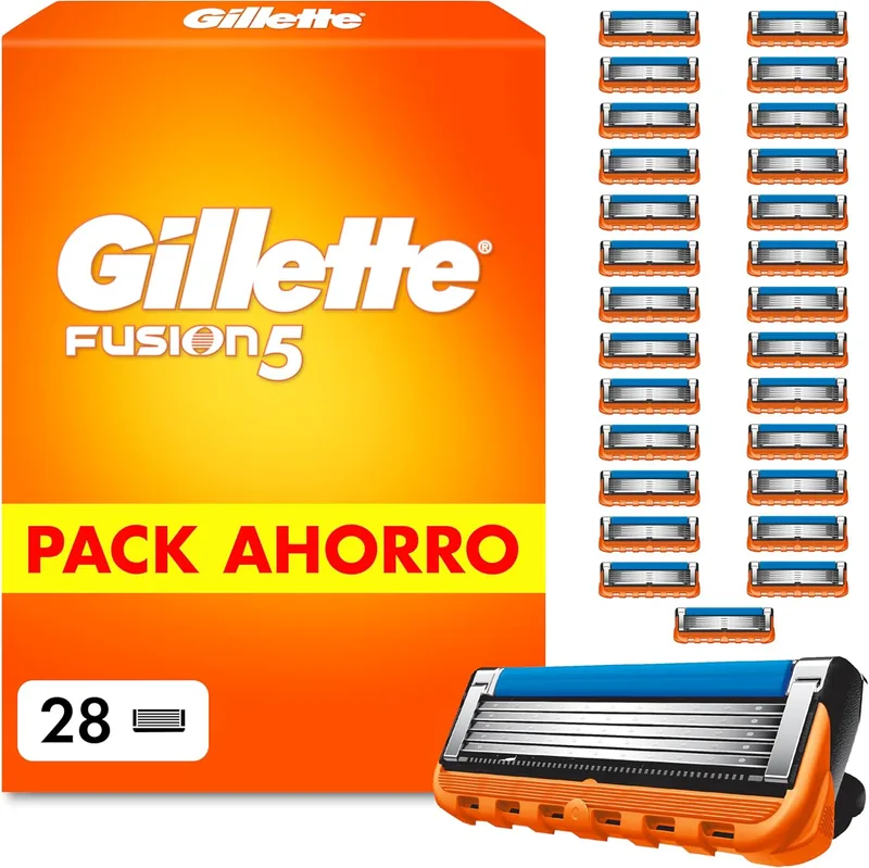 Gillette ▫️ Lâminas de barbear Fusion5 para homem, embalagem de 28 | Recargas para máquinas de barbear com 5 lâminas, faixa de gel lubrificante e aparador de precisão