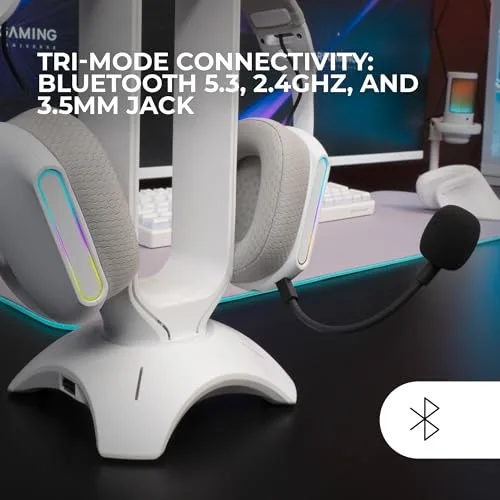 Mars Gaming ▫️ MHW-Pro, Auscultadores de jogos sem fios ARGB Flow, Som envolvente 3D 7.1, Bluetooth 5.3 + 2,4 GHz + tomada de 3,5 mm, Design ergonómico ultraleve, Microfone duplo, Multiplataforma, Branco 3
