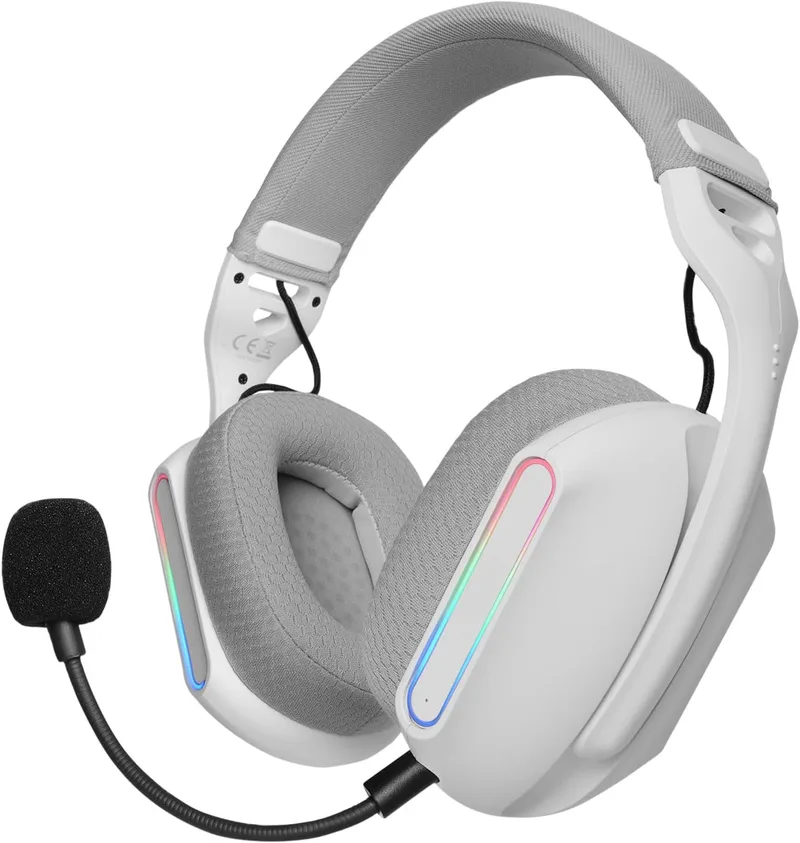Mars Gaming ▫️ MHW-Pro, Auscultadores de jogos sem fios ARGB Flow, Som envolvente 3D 7.1, Bluetooth 5.3 + 2,4 GHz + tomada de 3,5 mm, Design ergonómico ultraleve, Microfone duplo, Multiplataforma, Branco