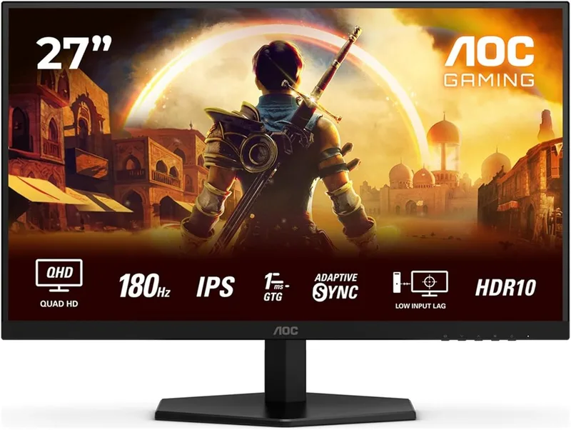 AOC ▫️ Monitor para jogos Q27G42XE de 27 polegadas, painel IPS rápido de 180 Hz, 0,5HDR10, sincronização adaptativa, compatível com G-Sync, altifalantes, (2560x1440 HDMI 2X 2.0 DP 1x 1.4) Preto