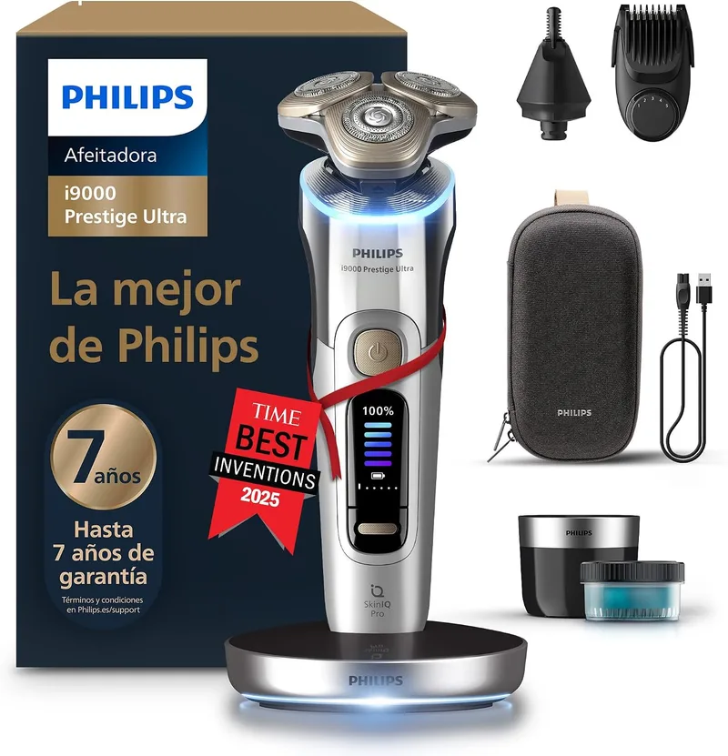 PHILIPS ▫️ i9000 Prestige Ultra, Máquina de barbear elétrica para homem, Máquina de barbear para uso a seco e a húmido, SkinIQ Pro, Base de carregamento, Recarregável, Estojo, Centro de limpeza, Aparador, Aparador de pelos nas narinas, XP9404/38