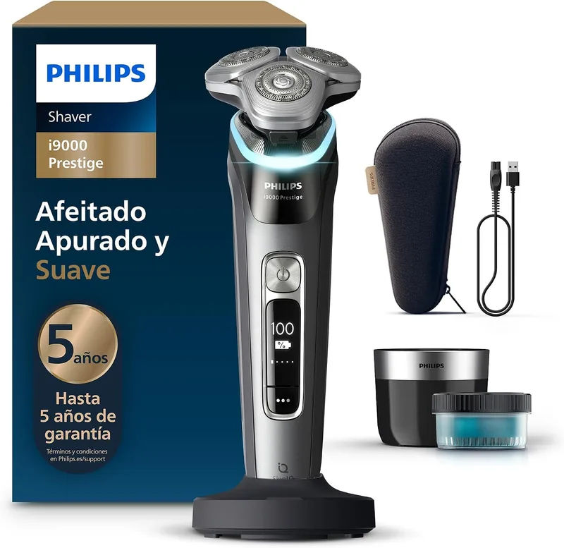 PHILIPS ▫️ i9000 Prestige, Máquina de barbear elétrica para homem, Máquina de barbear para uso a seco e a húmido, Tecnologia SkinIQ, Base de carregamento, Recarregável, Estojo de viagem, Centro de limpeza, XP9202/30