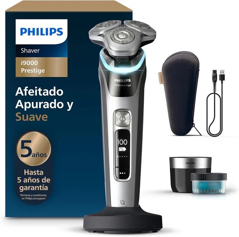 PHILIPS ▫️ i9000 Prestige, Máquina de barbear elétrica para homem, Máquina de barbear para uso a seco e a húmido, Tecnologia SkinIQ, Base de carregamento, Recarregável, Estojo de viagem, Centro de limpeza, XP9205/30