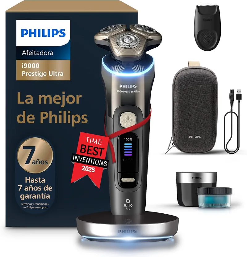 PHILIPS ▫️ i9000 Prestige Ultra, Máquina de barbear elétrica para homem, Máquina de barbear para uso a seco e a húmido, Tecnologia SkinIQ Pro, Base de carregamento, Recarregável, Estojo Premium, Centro de limpeza, XP9405/31