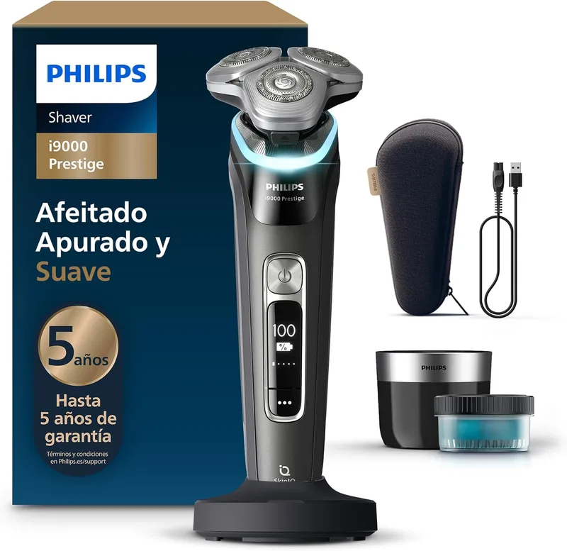 PHILIPS ▫️ i9000 Prestige, Máquina de barbear elétrica para homem, Máquina de barbear para uso a seco e a húmido, Tecnologia SkinIQ, Base de carregamento, Recarregável, Estojo de viagem, Centro de limpeza, XP9207/30