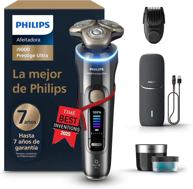 Philips ▫️ i9000 Prestige Ultra, máquina de barbear eléctrica para homem, máquina de barbear a seco e a húmido, tecnologia SkinIQ Pro, recarregável, centro de depilação, aparador, estojo de carregamento UV, XP9402/46