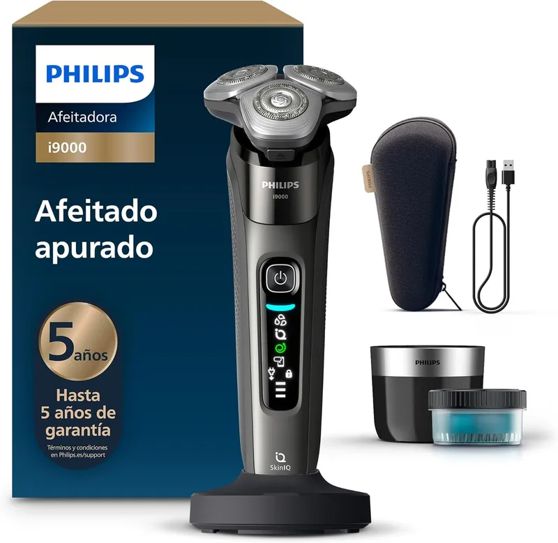 Philips ▫️ i9000, máquina de barbear eléctrica para homem, máquina de barbear a seco e a húmido, tecnologia SkinIQ, base de carregamento, recarregável, estojo de viagem, centro de estética, X9002/30