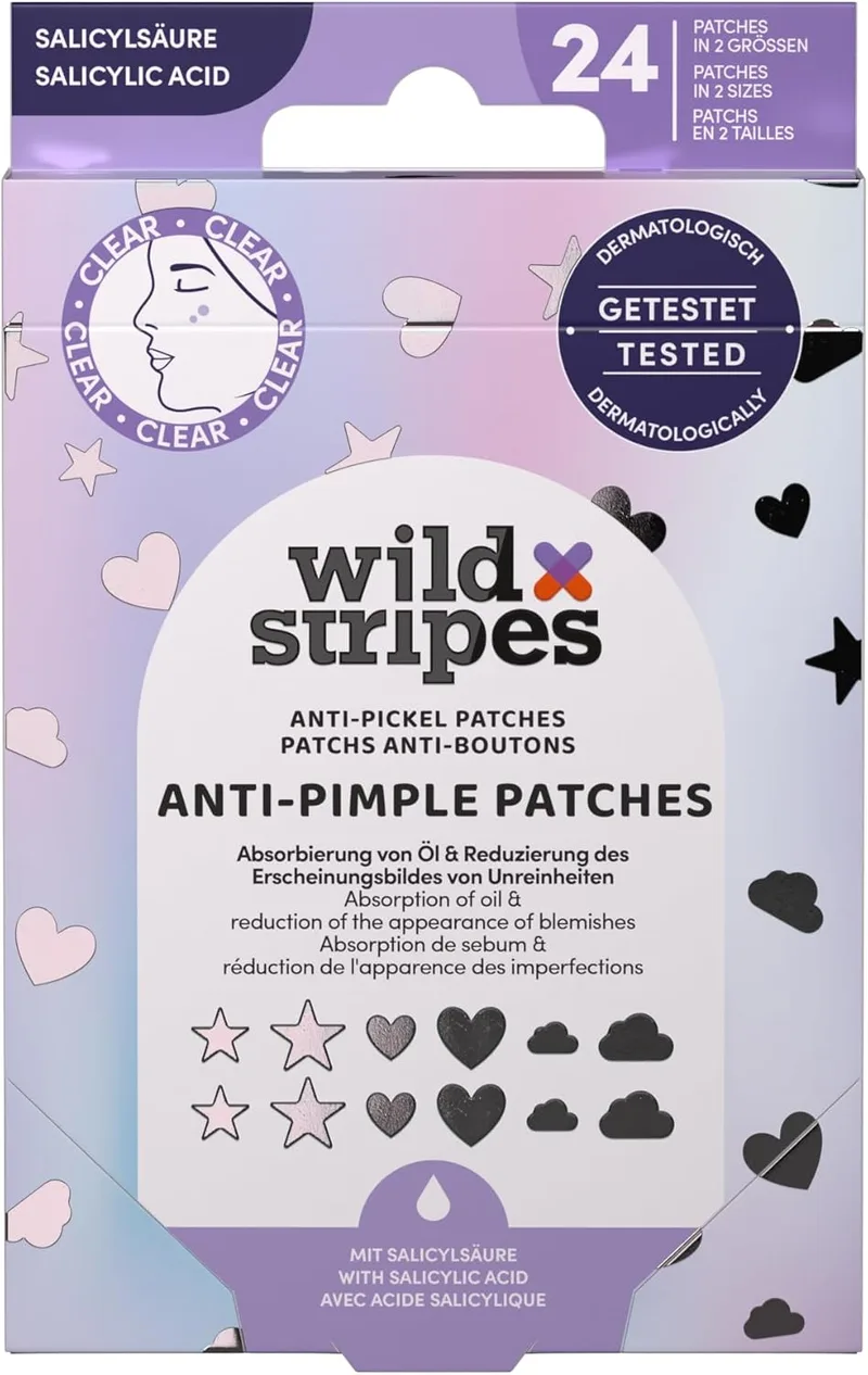 Wild Stripes ▫️ Adesivos anti-espinhas Holo Clear - Adesivos de ácido salicílico para um cuidado específico de dia e de noite - Rápido e eficaz - Anti-acne e pontos negros - pele com imperfeições - 24 unid.
