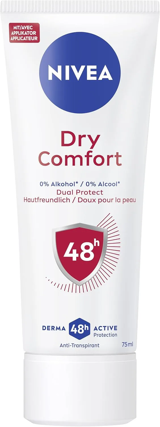 Beiersdorf ▫️ NIVEA Creme desodorizante Dry Comfort antitranspirante com 48 horas de proteção contra o suor e os odores, desodorizante nutritivo com fórmula Dual Protect sem álcool etílico (75 ml)
