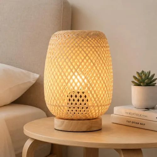 B·LED BARCELONA LED ▫️ BARCELONA LED – Candeeiro de mesa em vime e madeira «Ruka» – Design artesanal com abajur em treliça. Estilo rústico, boho natural. E27 – Candeeiro de mesa ideal para a sala de estar e o quarto. 2