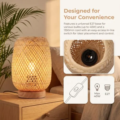 B·LED BARCELONA LED ▫️ BARCELONA LED – Candeeiro de mesa em vime e madeira «Ruka» – Design artesanal com abajur em treliça. Estilo rústico, boho natural. E27 – Candeeiro de mesa ideal para a sala de estar e o quarto. 3