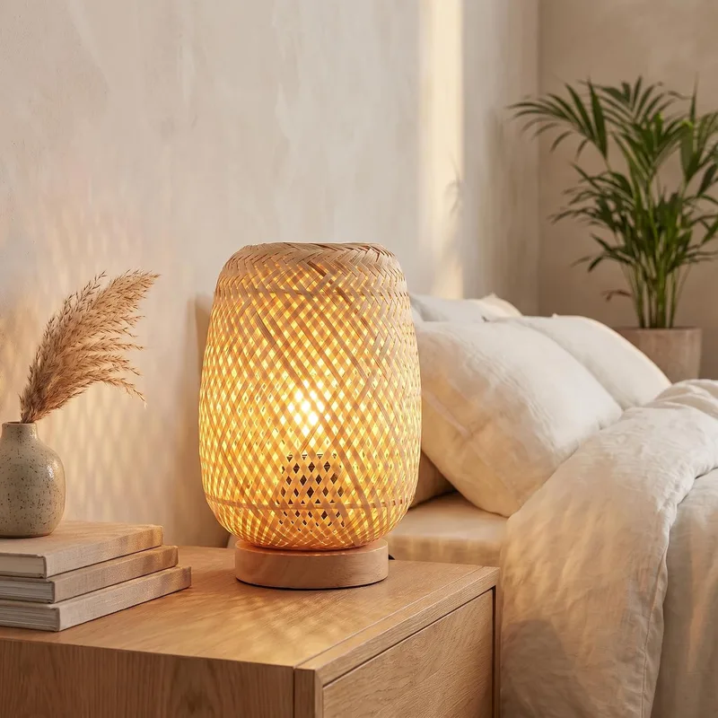 B·LED BARCELONA LED ▫️ BARCELONA LED – Candeeiro de mesa em vime e madeira «Ruka» – Design artesanal com abajur em treliça. Estilo rústico, boho natural. E27 – Candeeiro de mesa ideal para a sala de estar e o quarto. | Abajur em treliça artesanal, estilo boho rústico, base natural, sala de estar e q