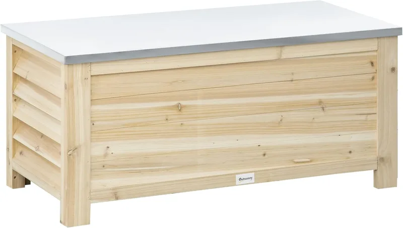 Outsunny ▫️ Outdoor Garden Chest 155L Loading Capacity Wooden Outdoor Storage Chest with Galvanised Metal Lid and Slatted Design for Garden Terrace Balcony 110x50x50 cm Natural