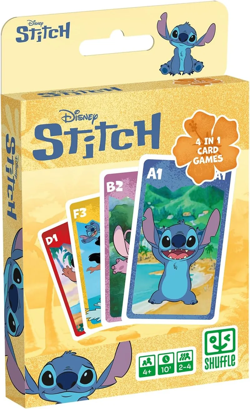 Shuffle ▫️ Stitch 4 em 1 Jogo de Cartas - 7 Famílias, Batalha, Memorando e Ação - Disney Lilo & Stitch Jogo de Cartas para Crianças, Família e Amigos - Idade 4+, 2+ Jogadores