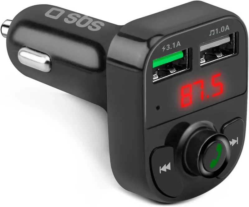 SBS ▫️ Carregador de carro de 15 W com transmissor FM Bluetooth, mãos-livres, MP3, leitor de áudio, ecrã LCD, controlos integrados, carregamento rápido, Entrada MicroSD, Tomada do isqueiro de 12 V, Preto | Transmissor FM Bluetooth, mãos livres, MP3, leitor de áudio, ecrã LCD, controlos integrados, e