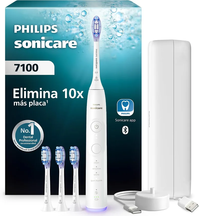 PHILIPS ▫️ Escova de dentes elétrica Sonicare 7100, sónica com aplicação, 4 modos de escovagem e 3 níveis de intensidade, alerta de pressão, SmarTimer, branca, HX7420/08 [Nova Tecnologia]