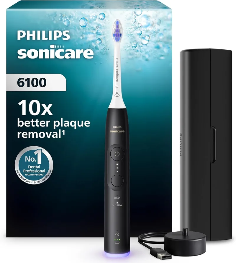 Philips ▫️ Escova de dentes eléctrica Sonicare 6100, Sonic, 2 modos de escovagem, 3 níveis de intensidade, alerta de pressão, EasyStart, SmarTimer, preto, HX7401/07 [Nova tecnologia] [Nova tecnologia].