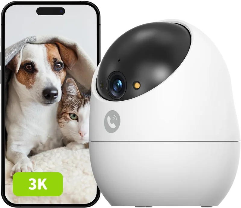 BEANS VIEW ▫️ Câmara de segurança interior 3K (5MP), vista de 360°, 2,4GHz Wi-Fi 1080P, câmara para animais de estimação/gatos/cães, visão nocturna a cores, deteção de pessoas, compatível com Alexa (D210)