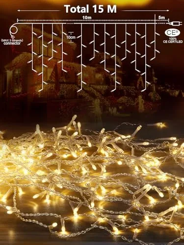 ARKOCHIC ▫️ Cortina de luzes de Natal para exterior de 10 m, luzes LED de Natal para exterior em branco quente 6