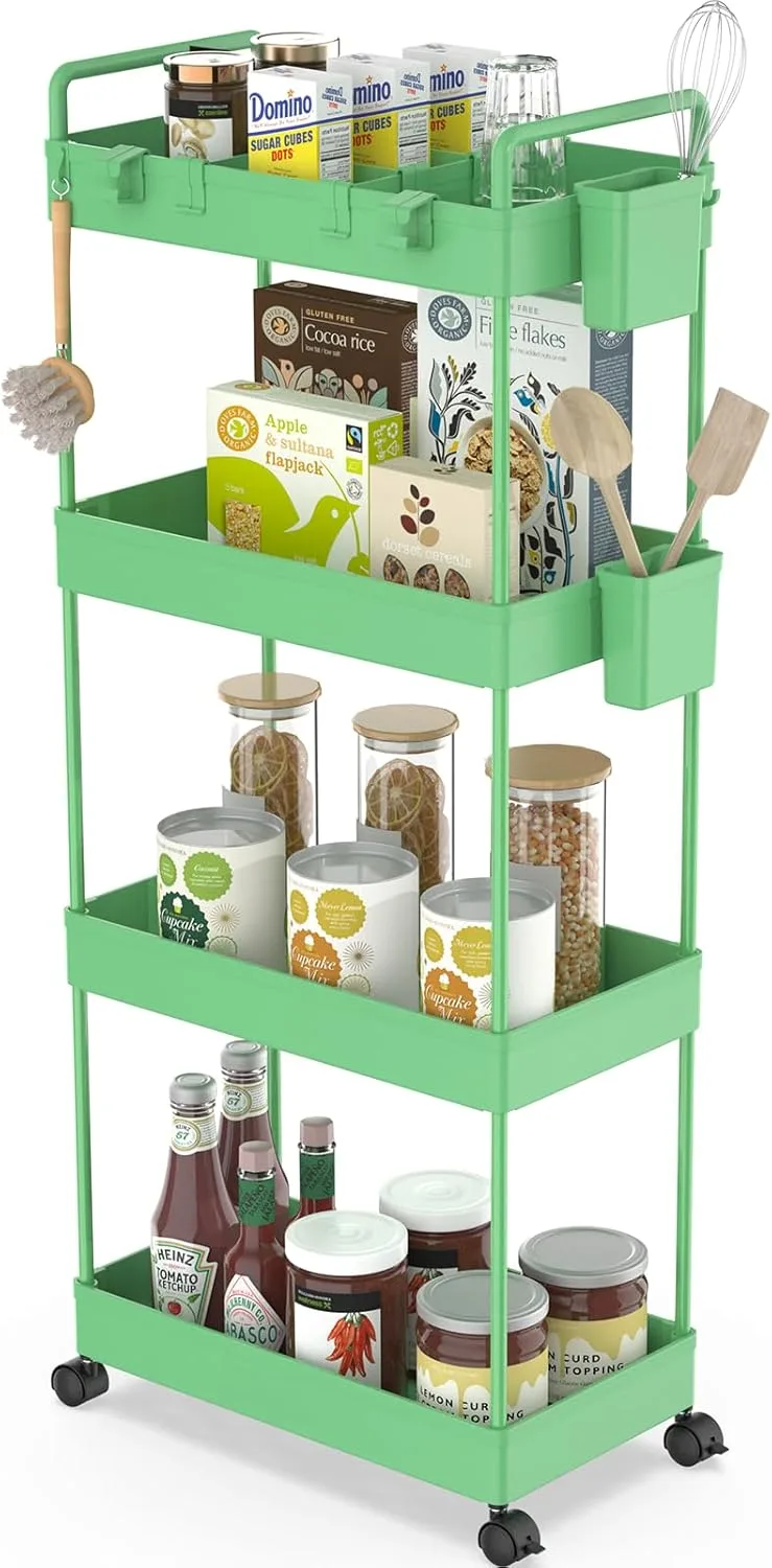 Ronlap ▫️ Carrinho de cozinha com 4 prateleiras, carrinho de servir com copo suspenso, divisória, gancho, prateleira com rodas para cozinha, quarto, escritório, cor verde