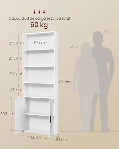 VASAGLE ▫️ Estante, Estante Vertical de 6 Níveis, com Portas, 24 x 60 x 175 cm, para Sala de Estar, Estúdio, Escritório, Sala de Jantar, Branco Nuvem LBC402W01 3