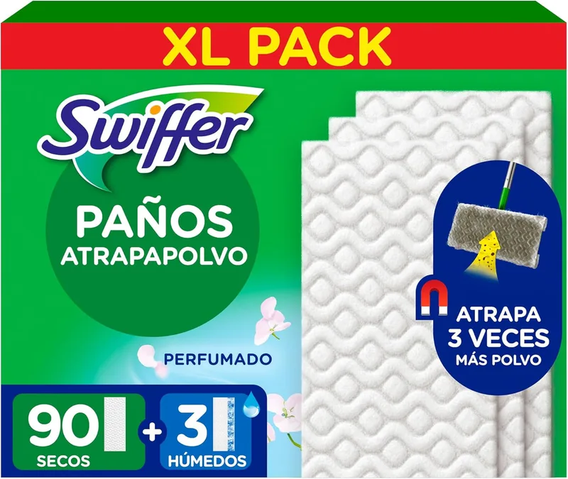 Swiffer ▫️ Recargas de esfregona para pavimentos secos 90 unidades e recargas para pavimentos húmidos 3 unidades, coletor de pó e retentor