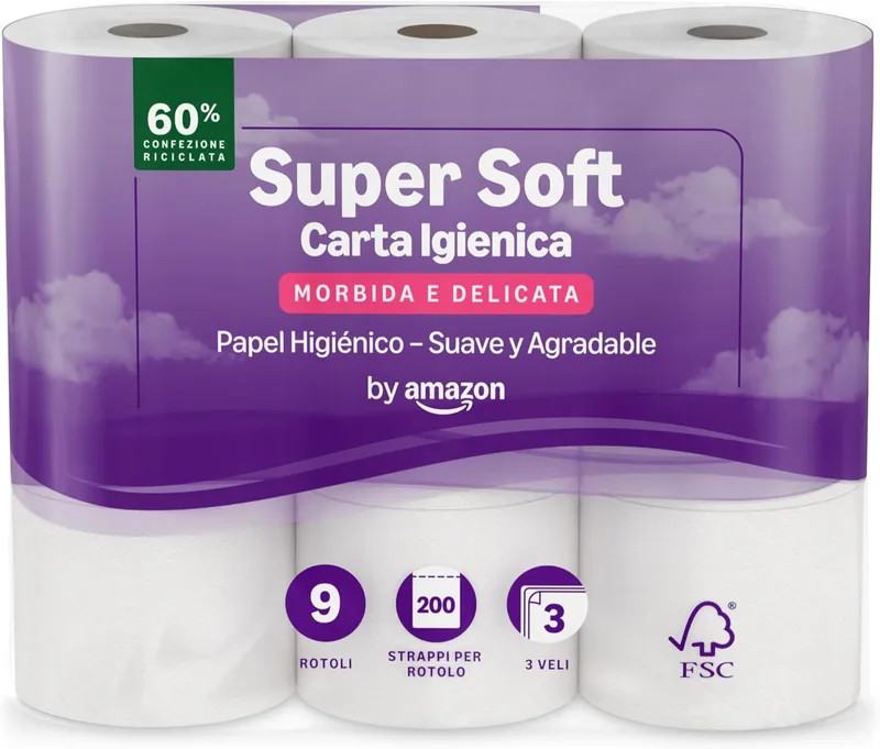 by Amazon ▫️ Papel higiénico super macio de 3 camadas, 9 rolos (1 pacote de 9), 200 folhas por rolo, certificado pelo FSC