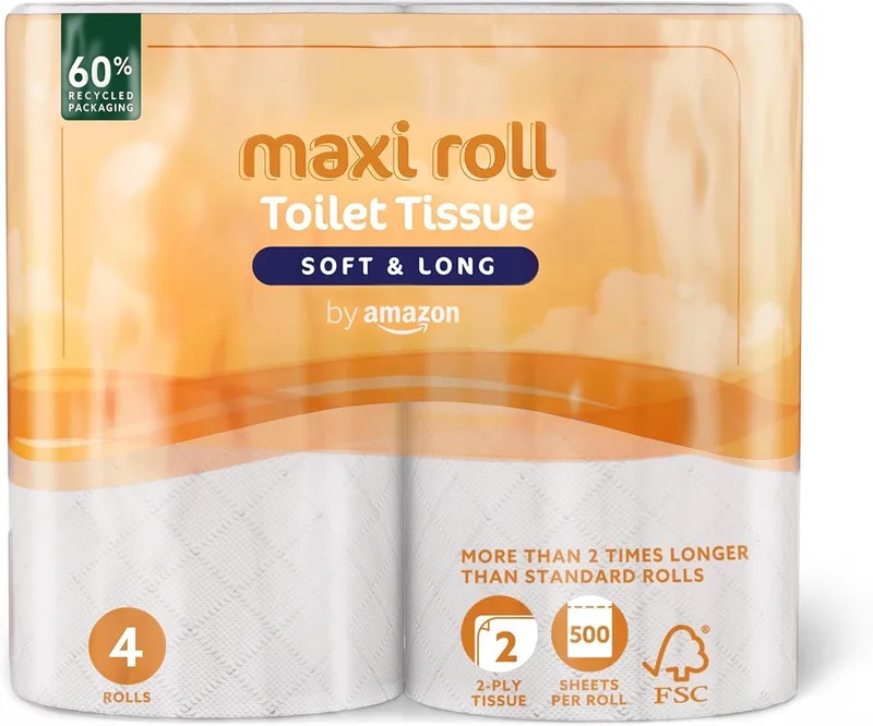 by Amazon ▫️ Papel higiénico da Amazon (Maxi Roll), 2 camadas acolchoadas, suave e delicado, 4 rolos (1 embalagem de 4), 500 lágrimas por rolo, certificado pelo FSC