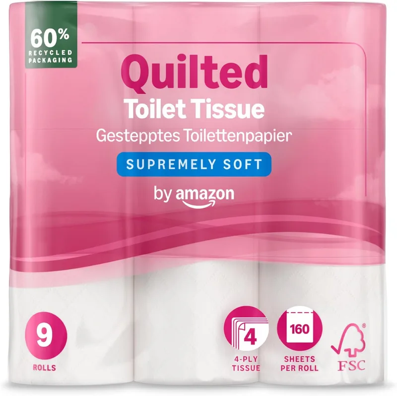 by Amazon ▫️ Papel higiénico da Amazon, acolchoado de 4 camadas, ultra macio, 9 unidades, 160 folhas por rolo, certificado pelo FSC