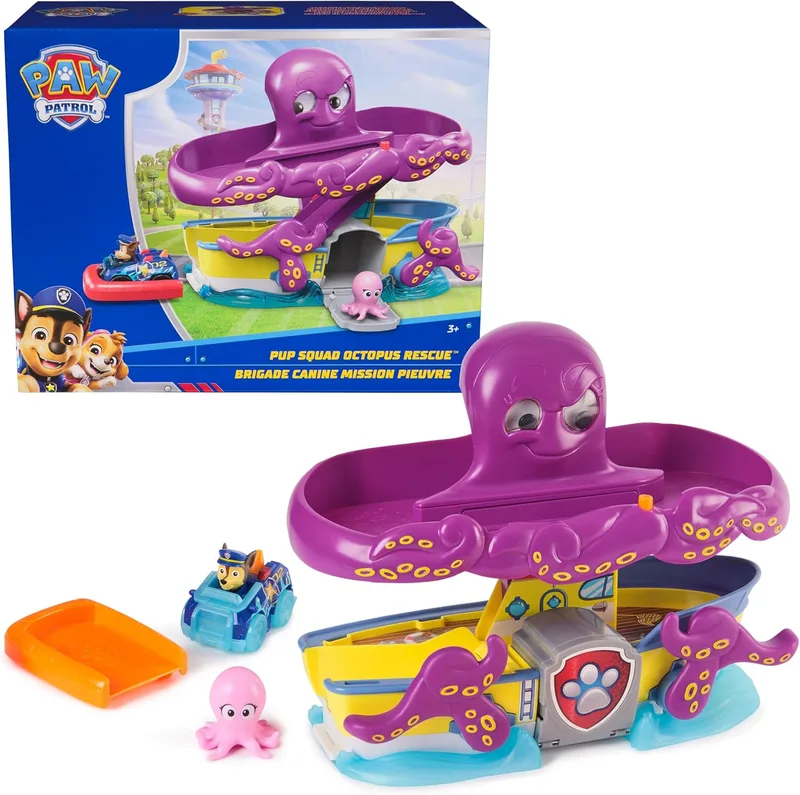 Paw Patrol Pup Squad - Jogo de corrida do polvo com pista de corrida, rampa, perseguição do Pup Squad Racer e da lula bebé, adequado para crianças a partir dos 3 anos
