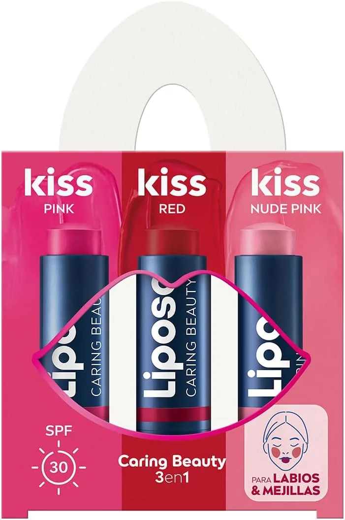Liposan ▫️ Lip Balm Caring Beauty 3in1 Lip Balm Pack combina bálsamos labiais e blush em stick em 3 tonalidades (vermelho, rosa e rosa nude), bálsamo labial em stick 3 em 1 (3 x 4,8 g)