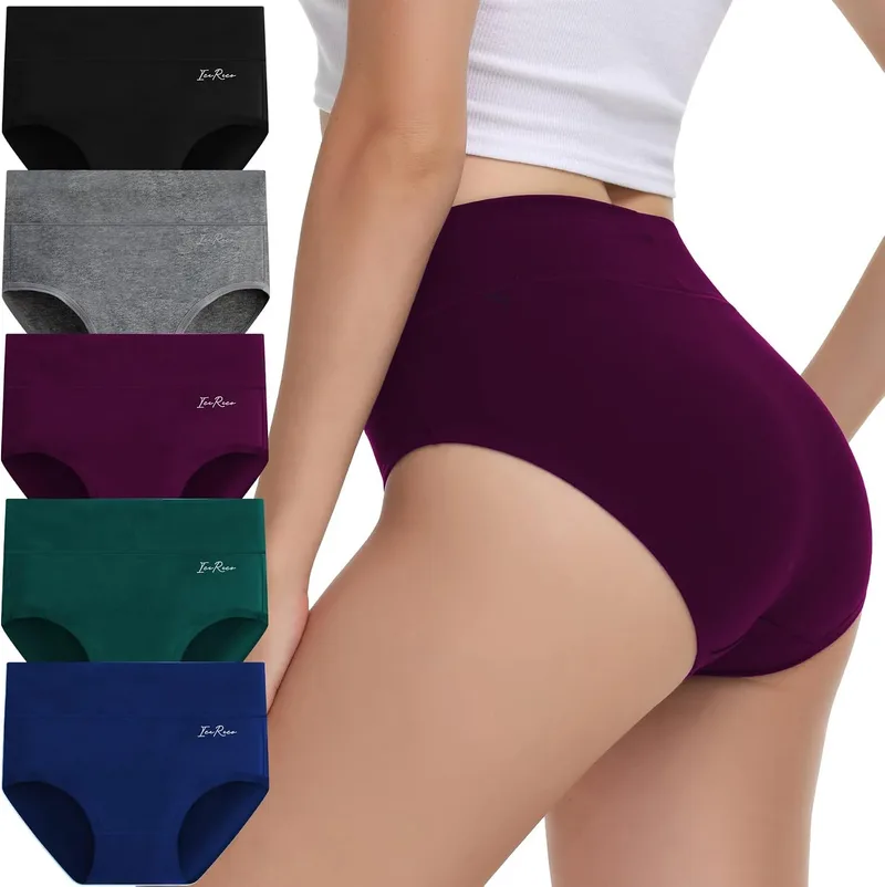 IceReco ▫️ Cuecas femininas de algodão de cintura alta com elástico, embalagem de 5 | Cuecas modeladoras femininas, cuecas pós-parto, roupa interior feminina de cintura alta