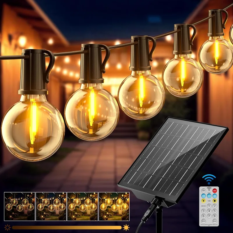 FIFlying ▫️ Guirlanda de luzes solar para exterior, 17,1 m/56,1 pés, G40, luzes LED solares para exterior e jardim com 24+1 lâmpadas, 8 modos, à prova de água, lâmpadas solares de jardim com controlo remoto para pátio, café, casamento e festa