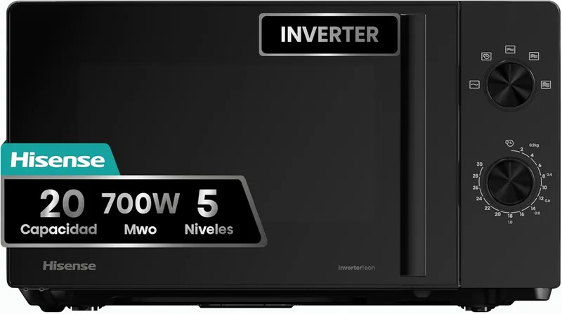 Hisense ▫️ H20MOBP1HI - Micro-ondas 20 Litros, 700W, Inverter Expert, Descongelação Rápida, Aquecimento Uniforme, Silencioso, Revestimento Cerâmico, Vidro Premium, Modo ECO, 5 Programas