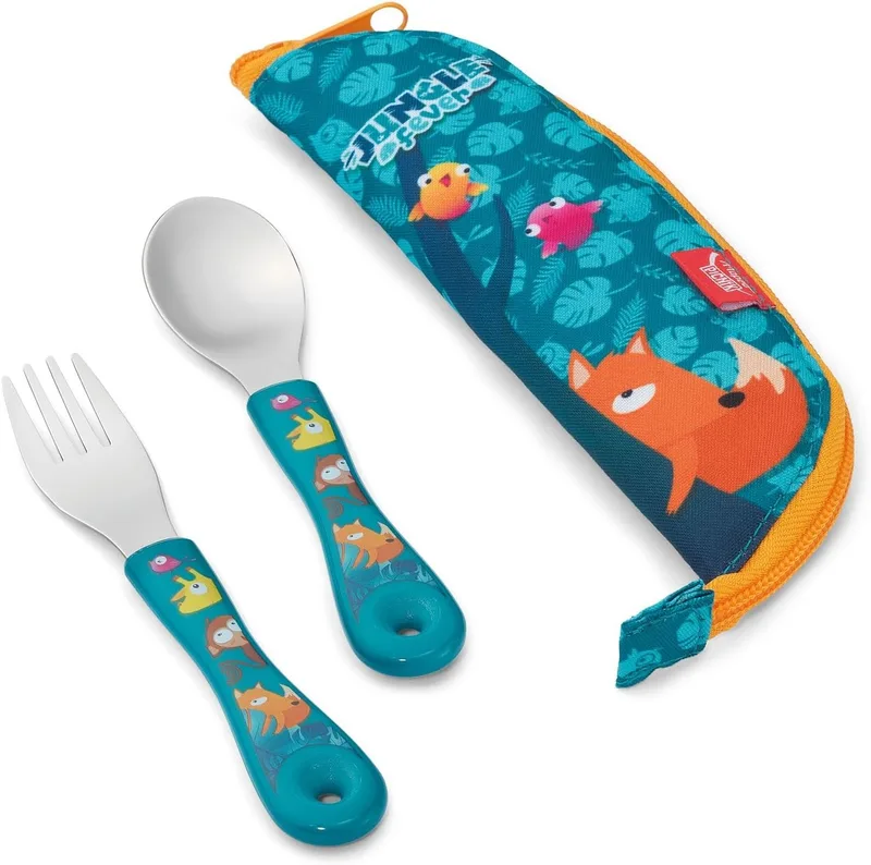 Maped Picnik ▫️ Conjunto de talheres infantis MAPED, colher e garfo em aço inoxidável com estojo, design divertido para crianças, ergonómicos e seguros, talheres para os mais pequenos, ideais para a escola e para viagens