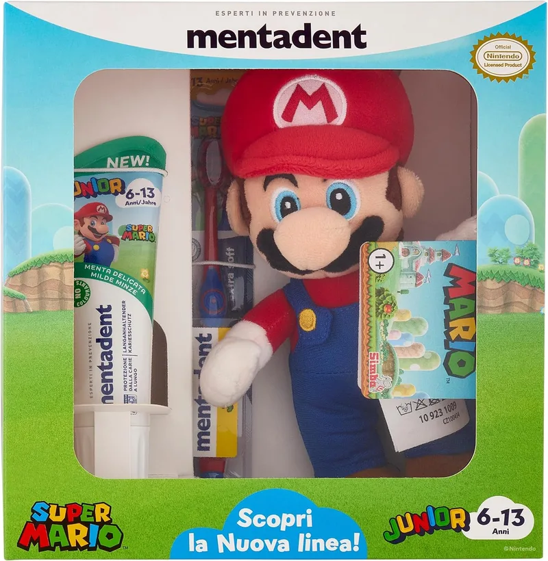 Mentadent ▫️ Super Mario Junior, kit de escova de dentes e pasta de dentes para crianças dos 6 aos 13 anos, contém pasta de dentes para crianças, com um sabor delicado a menta, e uma escova de dentes para crianças, ideal para