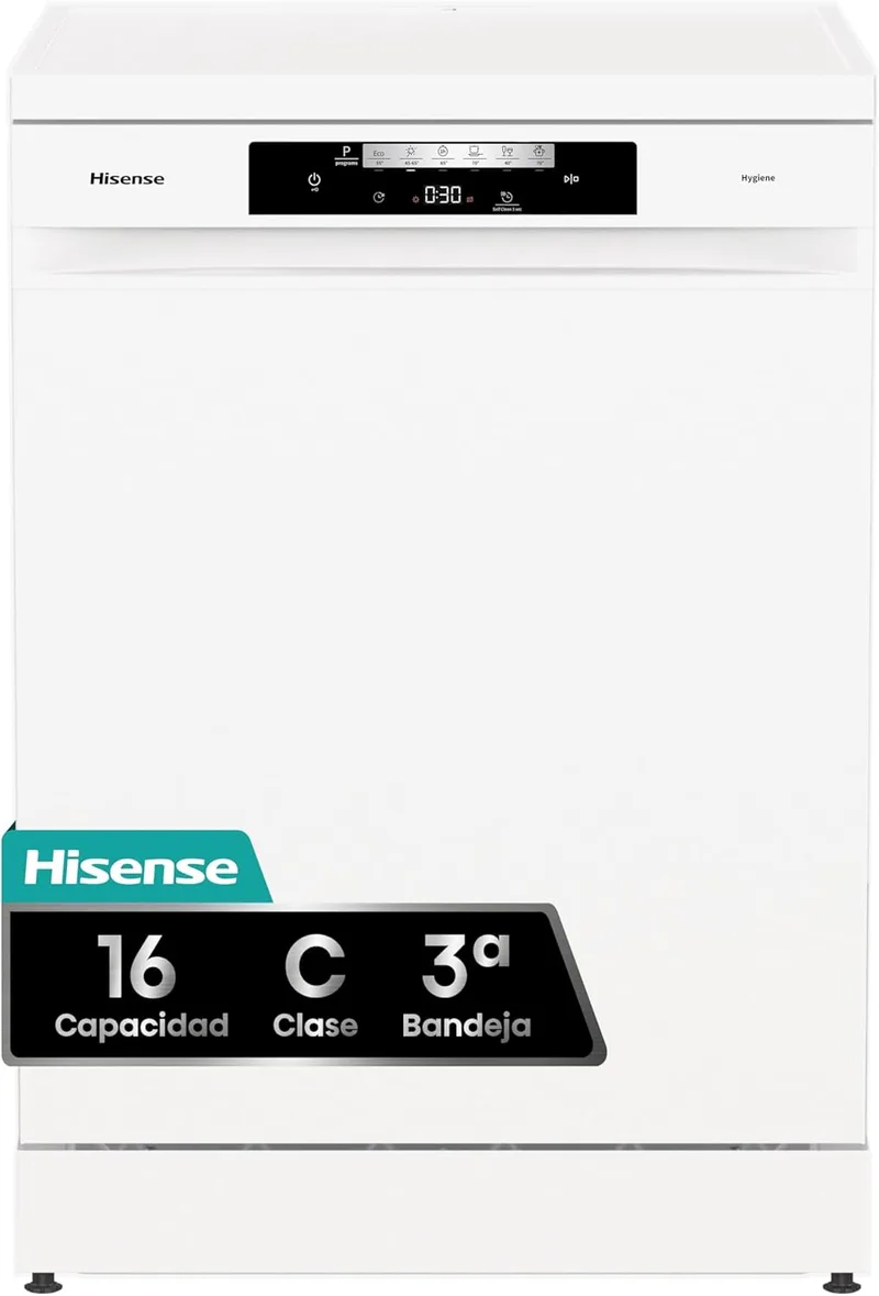 Hisense ▫️ HS643C90W - Máquina de lavar louça independente, Classe C, Capacidade 16 peças, A 84,5cm x L 59,9cm, Branco, Secagem automática, Programas automáticos, Terceiro tabuleiro, Lavagem rápida de 15', Lavagem rápida de 15'