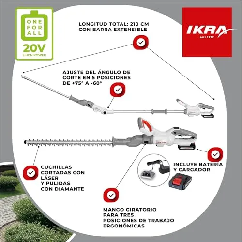 IKRA ▫️ Cortador de sebes a bateria 2 em 1 ICPH 2050 com haste telescópica 3
