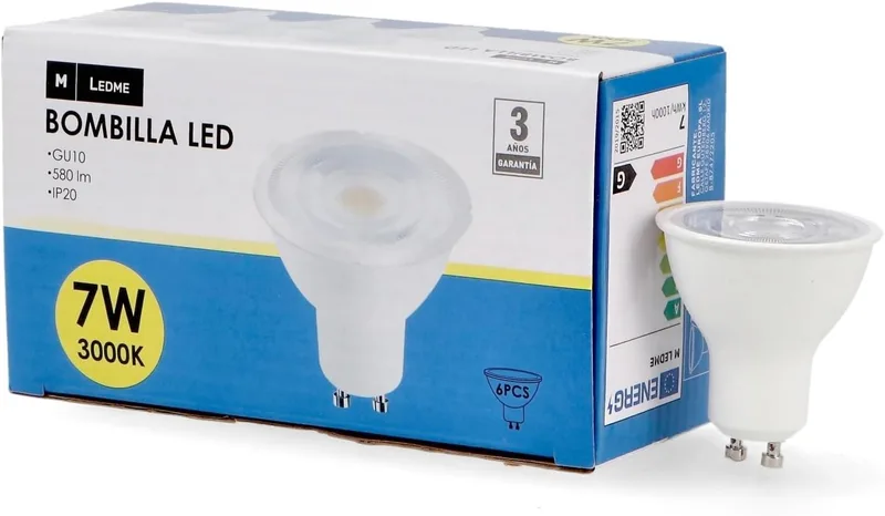 M Ledme ▫️ Pack 6, Lâmpada Led Gu10 Smd Plus 7W 60°, Luz quente (3000k), casquilho GU10, 580 lúmenes, IP20, abertura do feixe de luz de 60°, Eficiência energética e baixo consumo de energia. LM7615