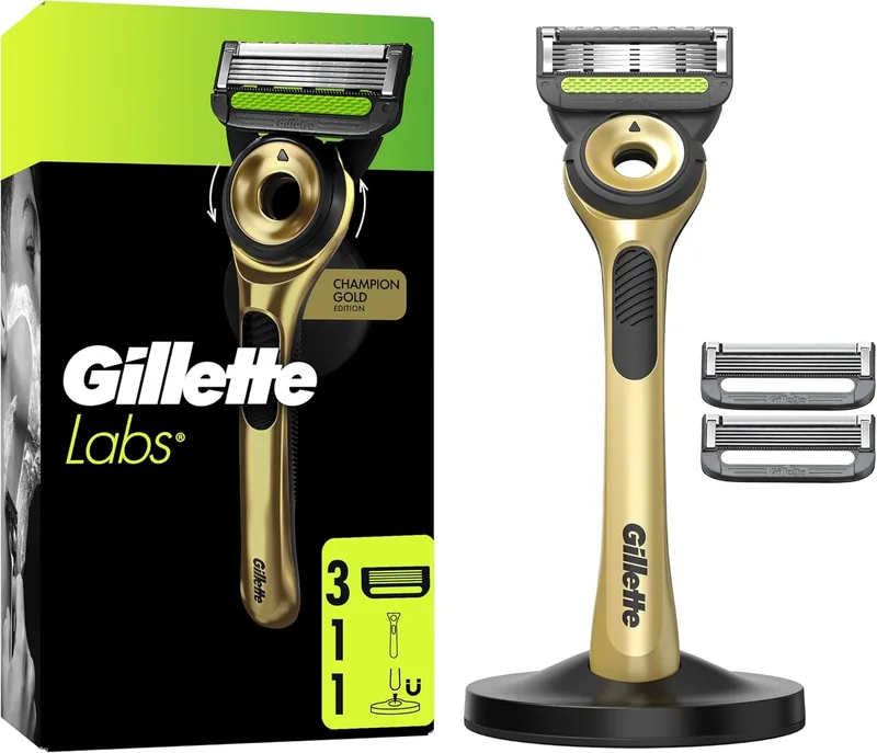 Gillette ▫️ Labs Champion Gold Edition Navalha de barbear com recargas, 1 cabo com barra esfoliante integrada, 3 lâminas com fita lubrificante, 1 suporte magnético