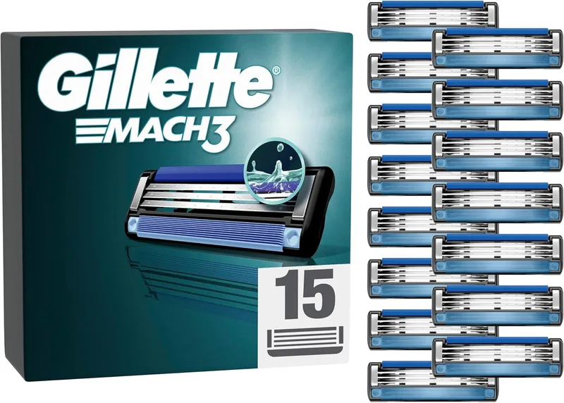 Gillette ▫️ Mach3 - Embalagem básica com 15 recargas para máquinas de barbear para homem, lâminas de barbear com 3 lâminas e faixa lubrificante, compatíveis com todos os cabos Mach3