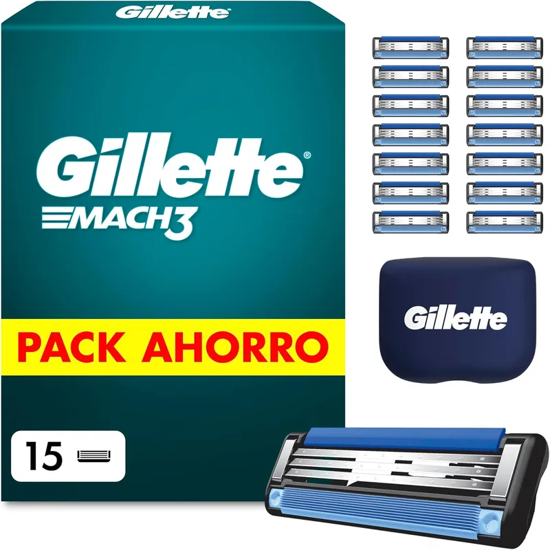Gillette ▫️ Mach3 - Embalagem básica com 15 recargas para máquinas de barbear para homem, lâminas de barbear com 3 lâminas e faixa lubrificante, compatíveis com todos os cabos Mach3